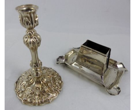 Victorian silver taper stick, assayed London 1900, and Edwardian combination matchbox holder / ashtray. Weight 195g