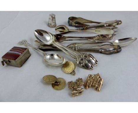 Silver and white metal flatware, including Tiffany; an agate box; and Victorian silver threepenny cufflinks ~ total weight 18