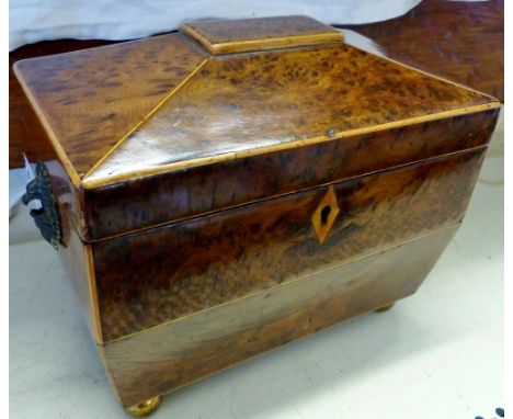 Sarcophagus shaped burr walnut lockable tea caddy with original lids and liners