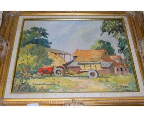 GODDARD STUDY OF A FARMYARD WITH TRACTOR, OIL ON BOARD
