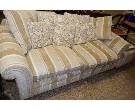 STRIPED UPHOLSTERED SOFA AND FOOTSTOOL (2)