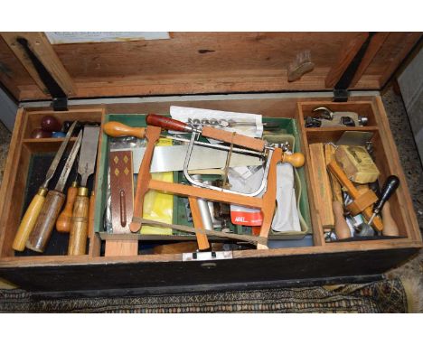 PINE TOOL CHEST CONTAINING LARGE QUANTITY OF VARIOUS ASSORTED TOOLS