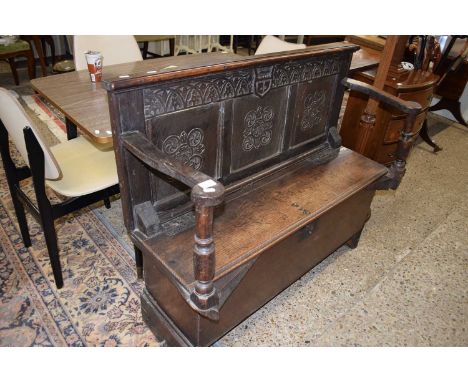 18TH CENTURY OAK COFFER WITH LATER ADAPTIONS TO A HALL SEAT/MONKS BENCH, 115CM WIDE