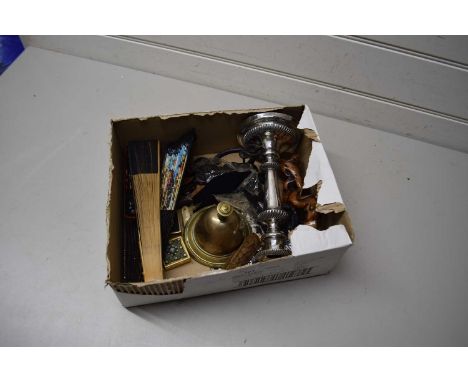 BOX CONTAINING QUANTITY OF VINTAGE FANS, NUTCRACKER AND PLATED CANDLESTICK