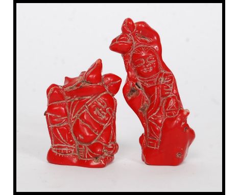 Two vintage Chinese 20th century ? red coral carved oriental figures one of Buddga, deity's etc