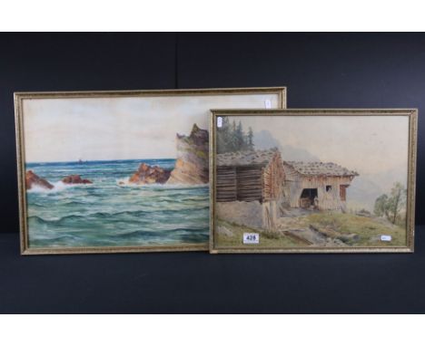 19th century Watercolour of a Figures in a Barn set in a Continental Landscape with Lake and Mountains, indistinctly signed a