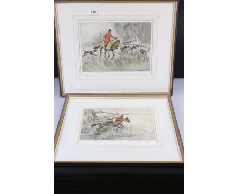Pair of Henry Wilkinson Limited Edition Coloured Etchings of Hunting Scenes, each signed in pencil to the margin, no. 36/100 