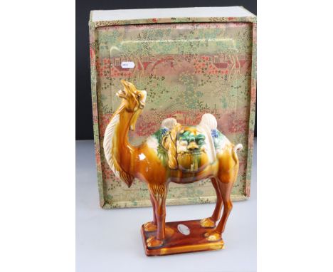 20th century Chinese Ceramic Tang style Camel, 34cm high, fitted in a silk covered box 