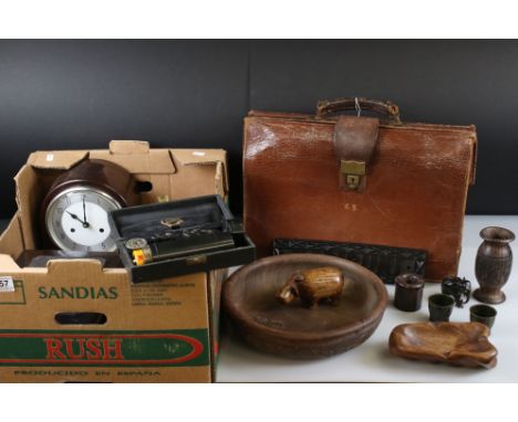 A box of mixed collectables to include a bakelite mantle clock, a quantity of carved and turned treen and a bakelite hair dri