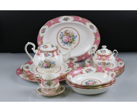 Royal Albert ' Lady Carlyle ' Tea and Dinner ware comprising Tea Pot, Milk Jug, Lidded Sugar Bowl, 3 Dinner Plates, 6 x 8" pl