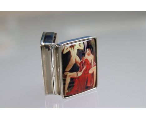 Silver and enamel pillbox with Burlesque style dancer 