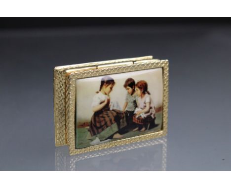 18ct gold plated pillbox with enamel lid depicting children 