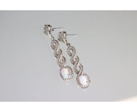 Pair of silver, CZ &amp; opal paneled Art Deco style drop earrings 