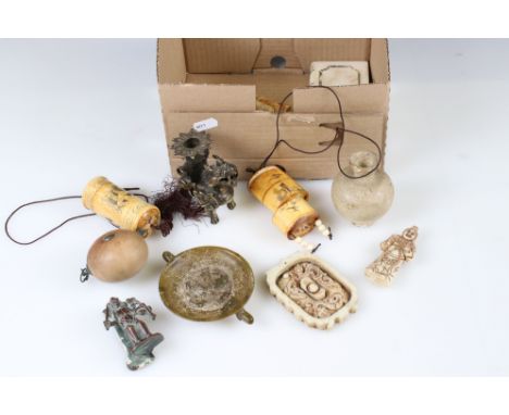 A small group of mixed oriental collectables to include Inro, candlestick, seal, dish ...etc. 