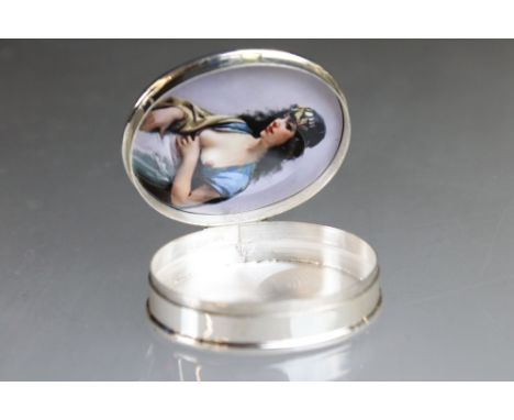 Silver oval shaped lidded box, with nude female enamel image 