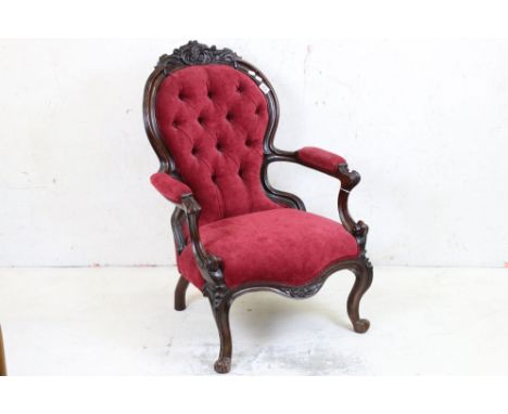 Victorian Salon Chair with foliate carved rosewood show-frame and red fabric button back upholstery, 97cm high x 67cm high 