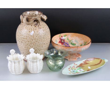 Mixed Ceramics including Clarice Cliff Moulded Leaf Dish 32cm long, Royal Doulton ' Magnella ' Footed Bowl, Pair of Continent