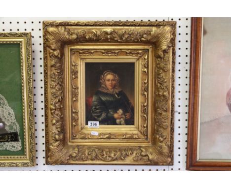 Oil Painting Portrait of a Victorian lady in a lace bonnet, 17cm x 22cm, ornate gilt framed 