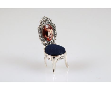 Silver chair pincushion with enamel panel 