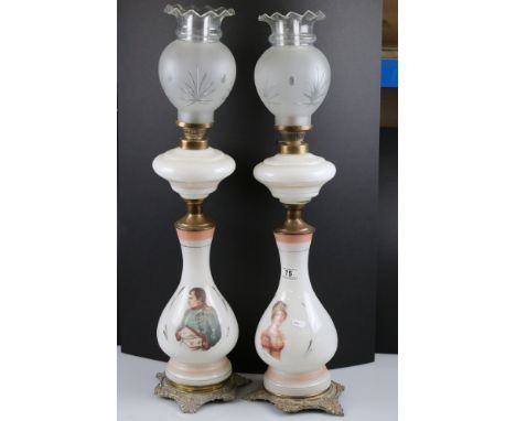 Pair of Early 20th century Opaque Glass Oil Lamps, each transfer printed with a portrait of Napoleon and Josephine, with glas