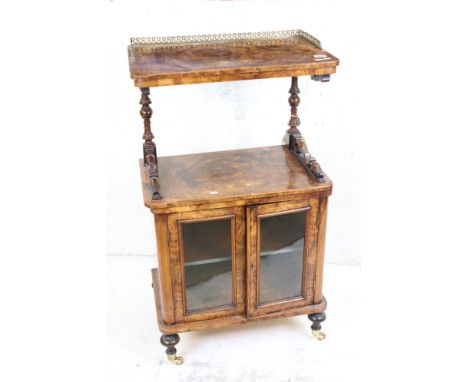 Victorian Inlaid Walnut Whatnot, the upper section with brass pierced gallery rail above a glazed cupboard enclosing a shelf 