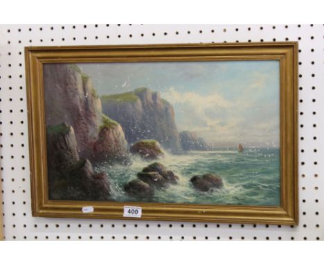 Frank Hider, early 20th century oil on canvas, seascape with waves breaking over rocks, with gulls, signed, 29 x 50 cm. 
