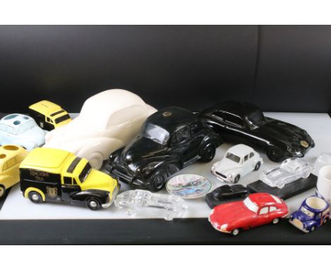 Collection of approximately 14 Ceramic and Glass model Cars including Dartmouth, Ringtons Van Monexboxes plus other car relat
