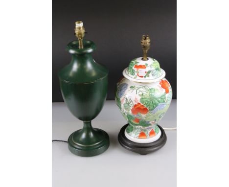 Green Toleware Table Lamp together with a Porcelain Table Lamp formed from a Chinese Jar and Lid, tallest 50cm 