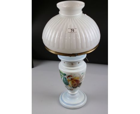 Late 19th / Early 20th century Blue Glass Oil Lamp with hand painted floral decoration and fluted opaque glass shade, convert