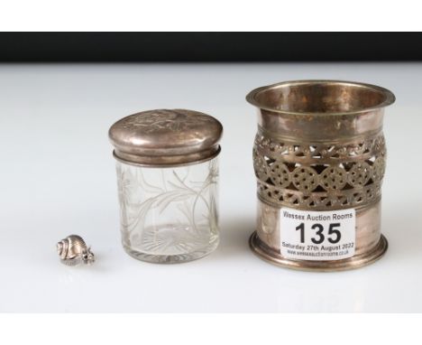 Silver snail pillbox, a silver lidded jar &amp; a silver plated pen pot 