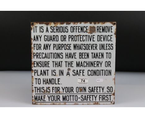 Original Enamel Warning Safety Sign ' It's a serious offence to remove any guard or protective device ......', 30cm x 30cm 