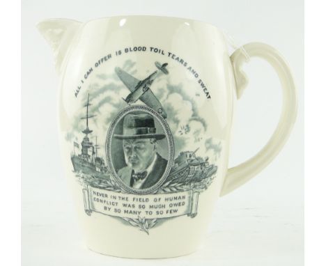 A Copeland Spode Winston Churchill jug,
with portrait medallion and globe and bulldog on reverse, 6.75".