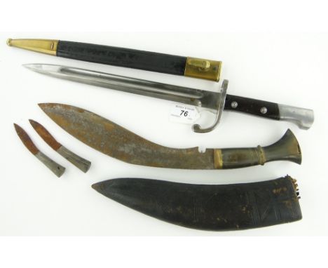 A bayonet in brass bound scabbard 18"
and a Kukri knife, (2).