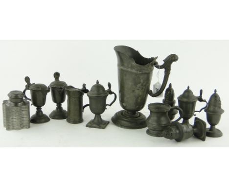 Pewter caddy,
3.75", pewter jug, cruet, etc., (11).