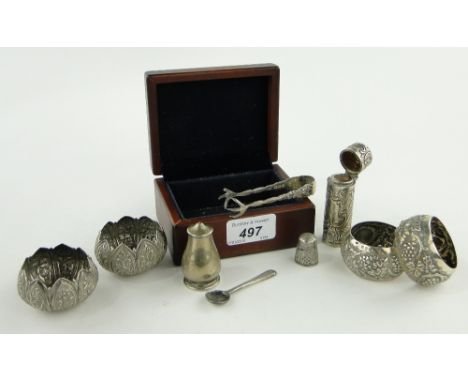 Edwardian embossed silver scent flask,
continental silver napkin rings, salts, etc.