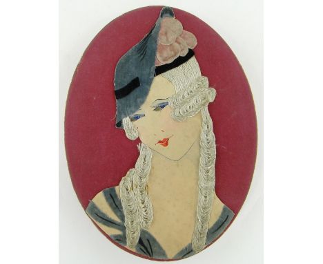 A French oval chocolates box
with collage and painted portrait of an Art Deco lady, 12".
