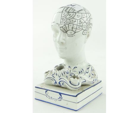 A Victorian ceramic phrenology head inkwell
impressed "by F Bridges," height 5.5".