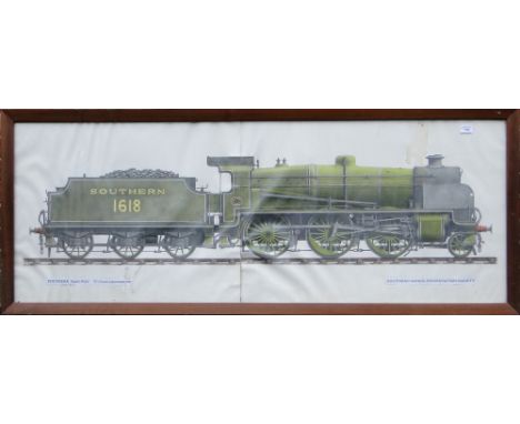 Rex Phillips - pencil and watercolour
study of a U class Southern Railway engine and tender, framed, height 26" overall.