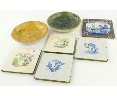 A pair of English tiles 
depicting sporting scenes, 5", 2 English blue and white tiles and a Dutch tile, and a pair of Studio