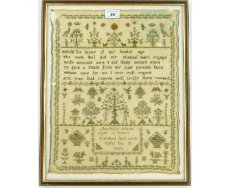 A framed sampler
by Charlotte Adams, Aged 13 yrs, 30th April 1844, 18.75" overall.