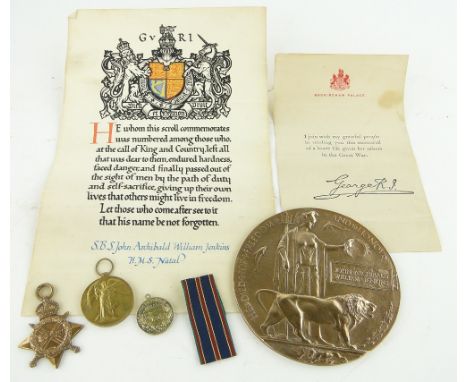 Pair of First World War medals
to S B S John Archibald William Jenkins, H M S Natal, with H M S Natal medal 1915, scroll and 