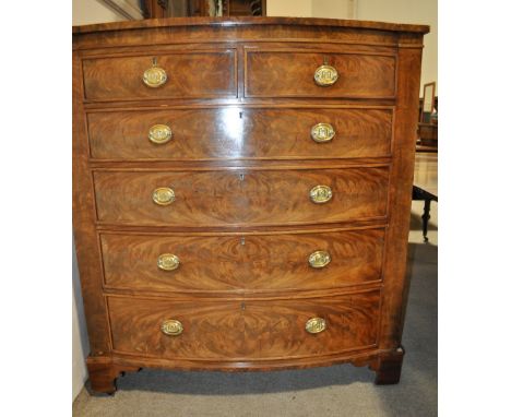 A large 19th century mahogany bow front chest, 
having 2 short and 4 long drawers with bracket feet, width 3'10, height 4'3, 