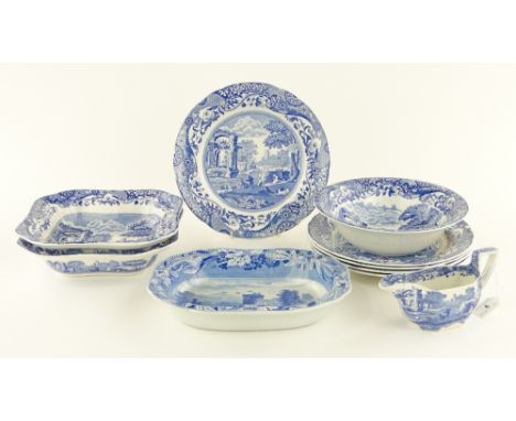 Copeland Spode Italian pattern dinner plates
bowls and sauceboat, and an early Spode dish, 11" across, (10).