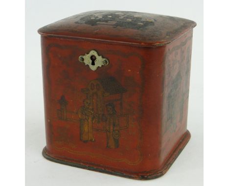 A Chinese red lacquer tea caddy
with designs of figures, height 4.5".