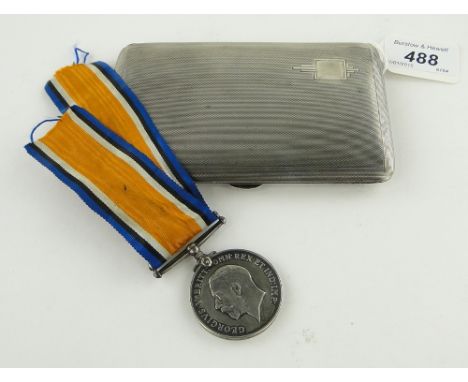 Engine turned silver cigarette case,
together with a 1914-18 medal, (2).