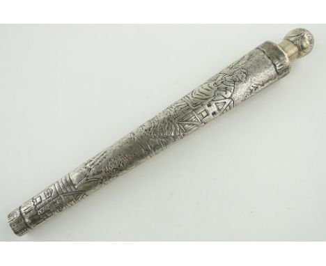 A Victorian silver scent flask,
with embossed village scenes by William Comyns, London 1886, length 26cm.