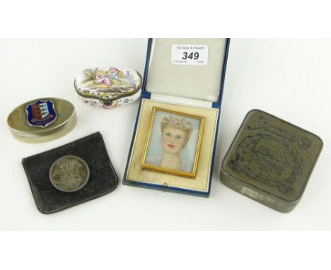 Cased portrait miniature,
French enamel box, Jacob's tin 3" across, etc.