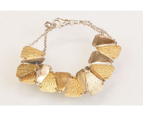 14ct yellow and white gold panel bracelet, alternating plain polished triangular white gold panels with textured triangular y