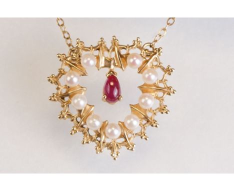 Carl Fabergé for Franklin Mint limited edition "The Jewelled Heart Pendant", cabochon ruby and cultured pearl 14ct yellow gol