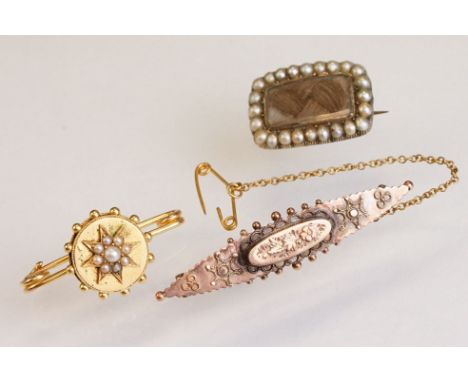 19th century pearl and hair yellow metal lace pin, the rectangular glazed panel to centre with plaited hair, seed pearl surro